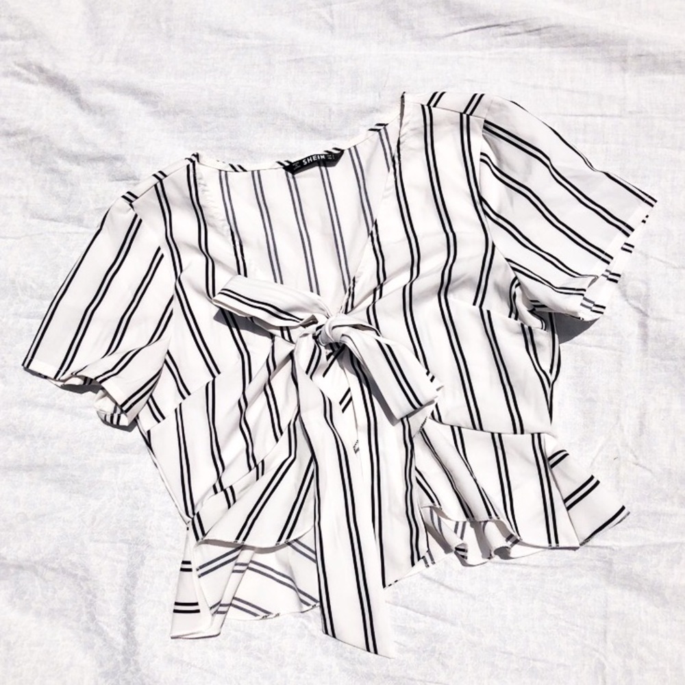SHEIN | White / Black Peplum Tie Front Crop Top S